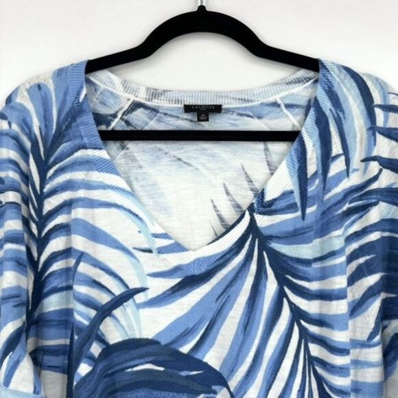Talbots Tropical Blue & White Sweater V-Neck Size 2X Palm Print Plus Coastal - Picture 4 of 10